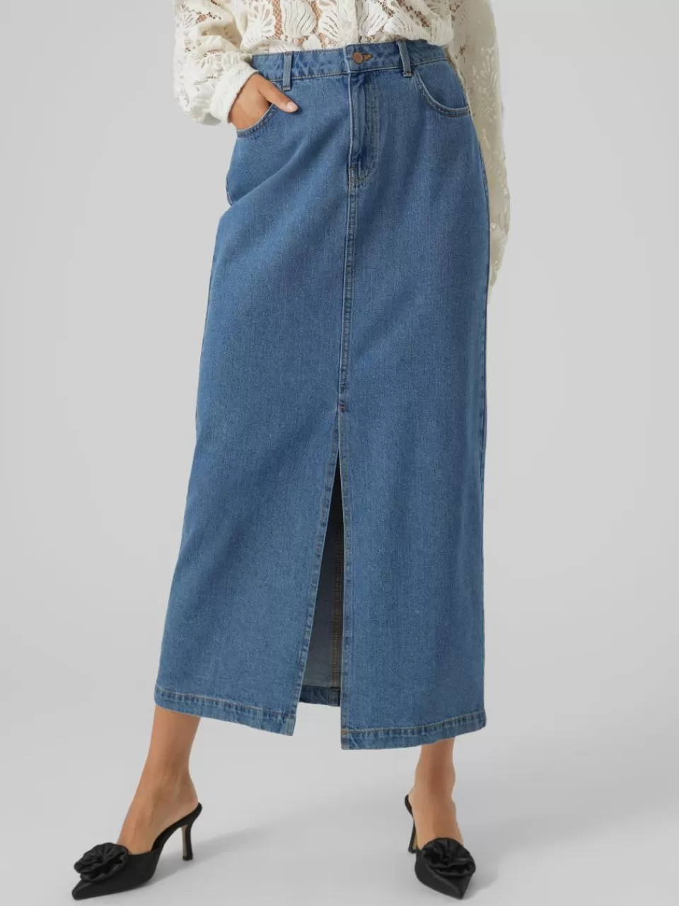 Hot VERO MODA VMJUST Høy midje Langt skjørt Medium Blue Denim