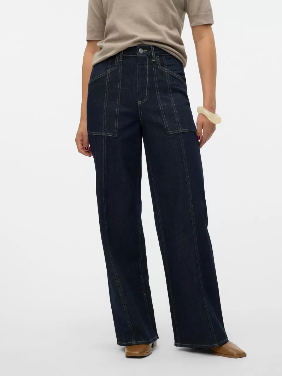 Shop VERO MODA VMKATHY Super high rise Wide Leg Fit Jeans Dark Blue Denim