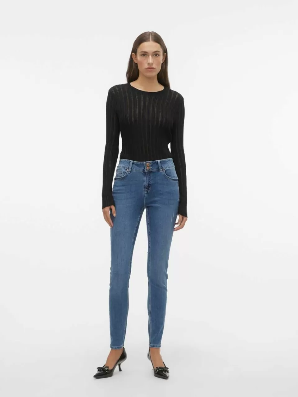 Sale VERO MODA VMKIMMI Middels høyt snitt Slim Fit Jeans Medium Blue Denim