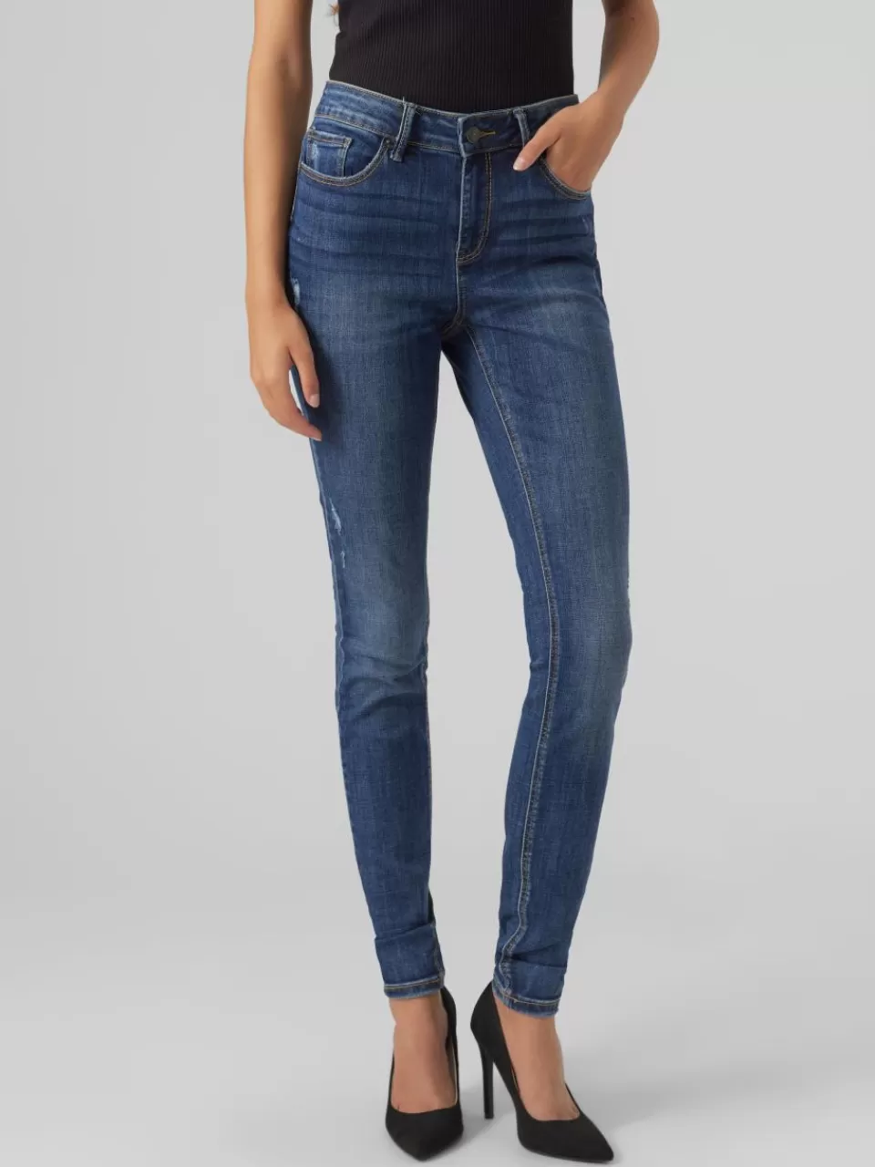 Best VERO MODA VMSEVEN Middels høyt snitt Skinny Fit Jeans Dark Blue Denim