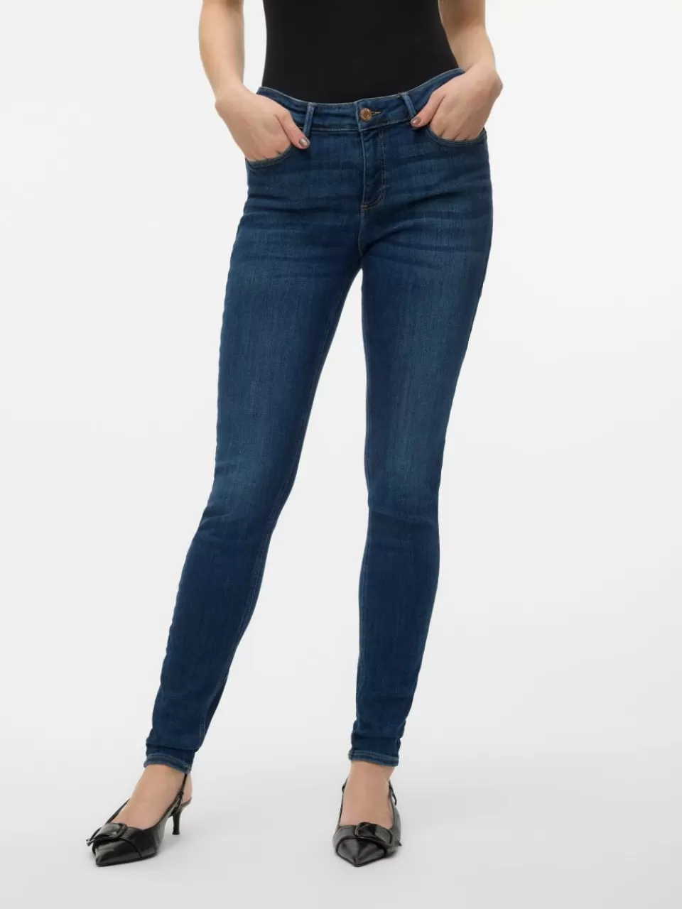 Fashion VERO MODA VMTANYA Middels høyt snitt Skinny Fit Jeans Dark Blue Denim