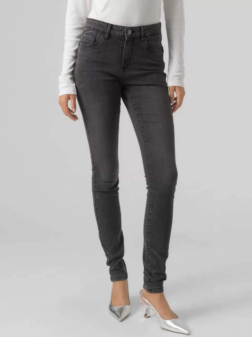 Online VERO MODA VMTANYA Middels høyt snitt Slim Fit Jeans Dark Grey Denim