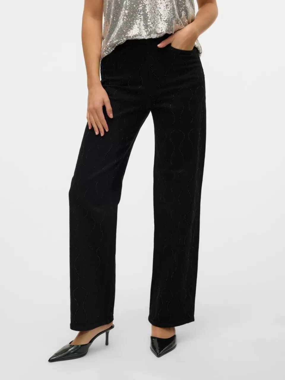 Hot VERO MODA VMTESSA Høyt snitt Wide Leg Fit Jeans Black Denim