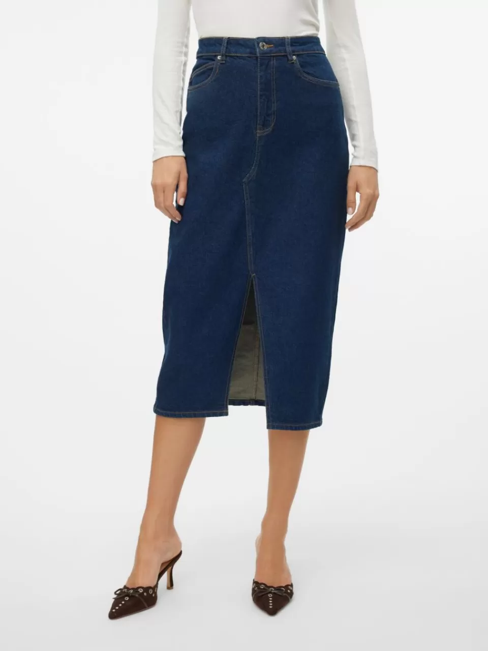 Clearance VERO MODA VMVERI Høy midje Midiskjørt Dark Blue Denim